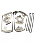 Heavy Duty Timing Chain Tensioner Guides Rail Kit For Audi A4 A5 A6 Q5 With 3.0 And 3.2 Liter Engines Featuring Durable Alloy Build That Slams The Noise, Fixes Rattling Issues And Keeps Your Motor Running Smooth Like Butter. Alloy chain guide kit shown with timing chains and rails