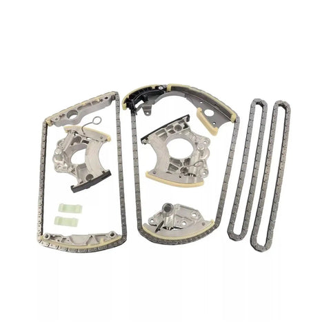Heavy Duty Timing Chain Tensioner Guides Rail Kit For Audi A4 A5 A6 Q5 With 3.0 And 3.2 Liter Engines Featuring Durable Alloy Build That Slams The Noise, Fixes Rattling Issues And Keeps Your Motor Running Smooth Like Butter. Alloy chain guide kit shown with timing chains and rails