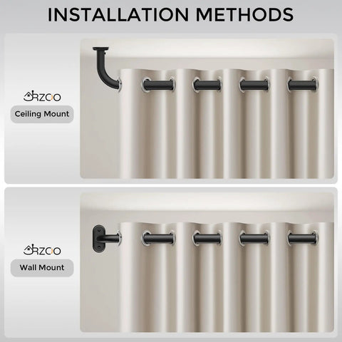 Installation options for Wrap Around Curtain Rods Beefy Blackout Heavy Duty 1 Inch Curtain Pole, ceiling and wall mount.
