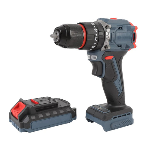 Straight Shooting Cordless Drill Set With Brushless Motor And 25 Sure Fire Torque Settings Running At 1500 Rpm Plus Forward Reverse Gear Switches And Rapid Charge Battery on a white background with battery pack.