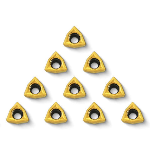Triangle-shaped carbide turning inserts, TiN-coated, from a 20 Pack TiN Coated Carbide Turning Inserts WCMT06T304 WCMT32.51 For CNC Lathe Replacement.