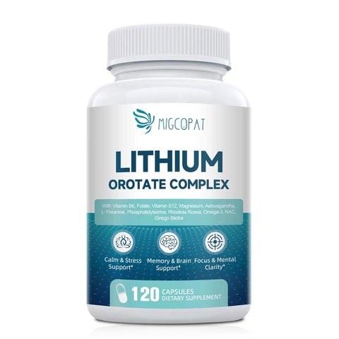Front view of 120 capsule bottle labeled Lithium Orotate Complex with vitamins and adaptogens for cognitive support.