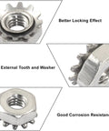 Eight To Thirty-Two K-Lock Nuts With External Tooth Washer In Stainless Steel 304 close-up showing locking and corrosion resistance