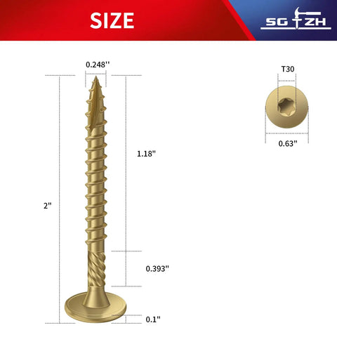 Beefy Heavy Duty Structural Wood Deck Screws Number Fourteen By Two Inches With Knockout Rust Resistant Epoxy Finish and Flat Head Star Drive for Built Tough Outdoor Decking. Size dimensions shown.