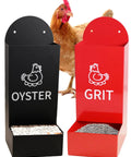 Heavy Duty Metal Chicken Oyster Shell And Grit Feeder With Smart Auto Dispenser showing black oyster and red grit bins with chicken.