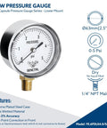 Low Pressure Capsule Gauge 0 To 5 Psi, 2-1/2 Inch Dial, 1/4 Inch NPT Lower Mount, Zero Adjustment, Chrome Plated Steel Case