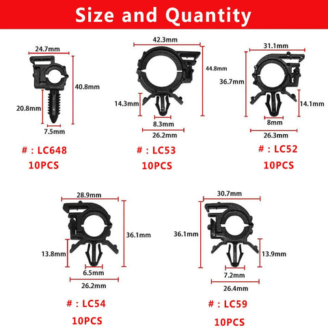 Diagram showing sizes of Heavy Duty Nylon Wire Harness Routing Clip Kit 60 Piece Universal Wire Loom Clips for Vehicle Wiring.