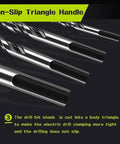Angled view of four ceramic tile drill bits with silver shafts and black tips; tungsten carbide tips.