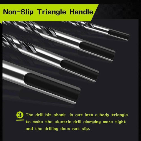 Angled view of four ceramic tile drill bits with silver shafts and black tips; tungsten carbide tips.