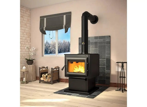 Wood stove with Six Inch Black Matte Clean Out Tee 24 Gauge Exhaust Vent Fitting Directs Exhaust Upward For Rear Outlet Stoves