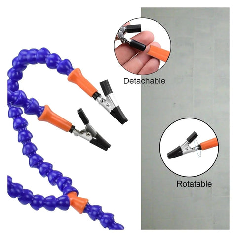 Go-To Soldering Helper Station with Eight Flexible Gooseneck Arms and Desk Clamp showing detachable and rotatable clips.