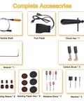 Complete accessories for Hella Reliable 1000W Flex Shaft Rotary Tool including flexible shaft, foot pedal, and various grinding bits.