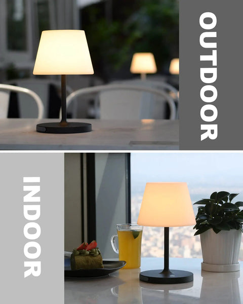 Cordless Outdoor Table Lamp With 4000mAh Battery Waterproof LED Night Light Touch Dimmable Desk Lamp For Patio Camping Home And Restaurant Portable Dark Grey shown on table indoors and outdoors.