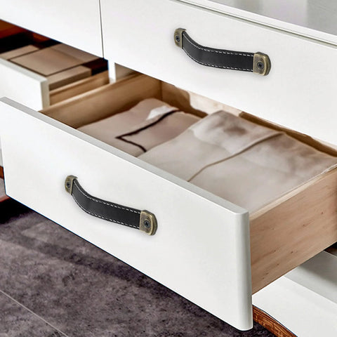 Leather Suitcase Luggage Pull Handles 2 Piece Set installed on white drawers showcasing black brown finish.