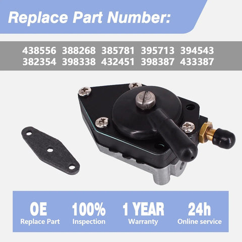 Outboard Fuel Pump Replacement For 25 To 140 HP Marine Motors, shown with gasket and replacement part numbers listed.
