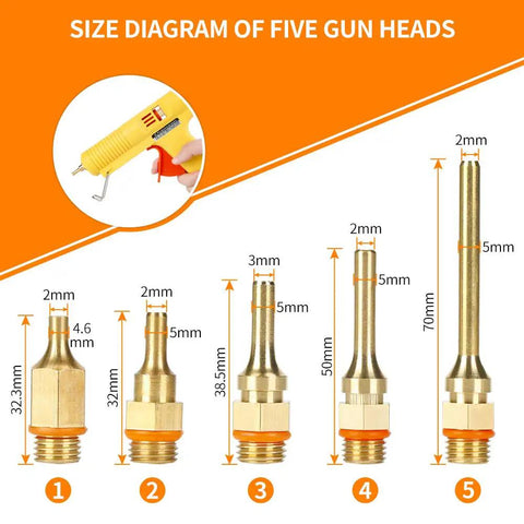 Size diagram of 5 copper nozzles for Industrial 150 Watt Hot Melt Glue Gun With US Plug Adjustable Temperature