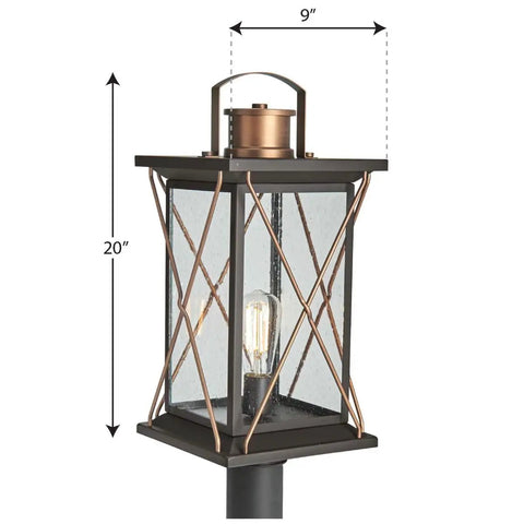Barlowe Collection 1-Light Outdoor Post Lantern In Clear Seeded Glass With Antique Bronze Finish, 9x20 inches, front view.