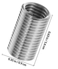 Close-up of 10 Pieces M8 Stainless Steel Thread Repair Sleeve Inserts Kit, highlighting dimensions in inches and centimeters.