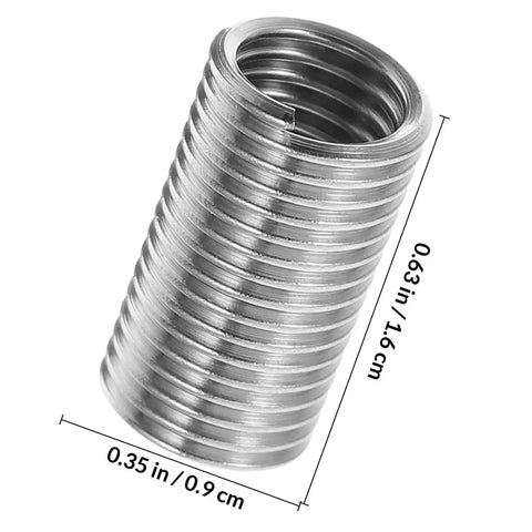 Close-up of 10 Pieces M8 Stainless Steel Thread Repair Sleeve Inserts Kit, highlighting dimensions in inches and centimeters.