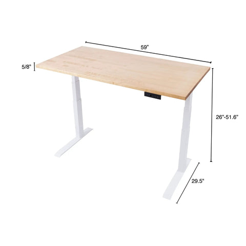 Slick Electric Standing Desk With Genuine Solid Wood Top and Easy Programmable Memory Controls Dual Motor Lift Mechanism For A Hustle Ready Sixty Inch Workstation Setup, dimensions shown.