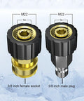 POHIR power washer hose quick-connects, front view: 3/8 inch female socket and 3/8 inch male plug with brass and silver fittings