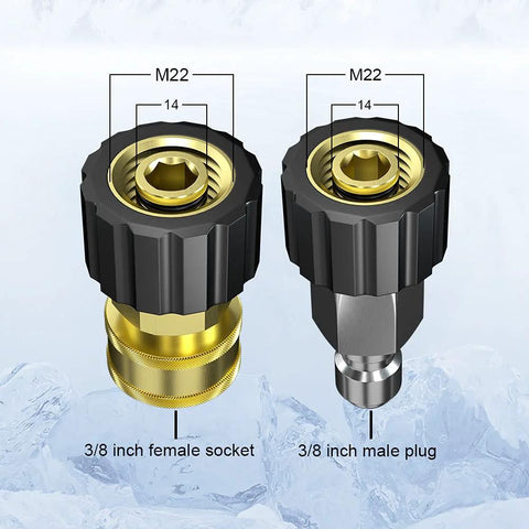 POHIR power washer hose quick-connects, front view: 3/8 inch female socket and 3/8 inch male plug with brass and silver fittings
