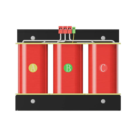 Bulletproof 10KVA Three Phase Dry Type Isolation Transformer Step Up Down Voltage Converter with red coils and terminal connections.