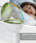 Quiet Close Elongated Toilet Seat for Bathroom with muted green lid, designed for noise reduction and impact protection.
