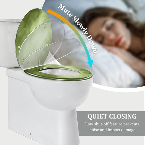 Quiet Close Elongated Toilet Seat for Bathroom with muted green lid, designed for noise reduction and impact protection.