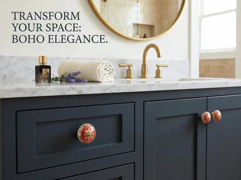 Sick Red Ceramic Cabinet Knobs Set for Fresh Kitchen and Dresser Upgrade on dark drawer with gold faucet and countertop.