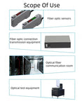 Image illustrating scope of use for Multimode LC Loopback Fiber Optic Adapter including sensors, transmission equipment, and test environments.