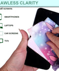 Front view of 12-pack cartoon-color microfiber cleaning cloths for smartphones and screens, 7.08 x 5.9 in.