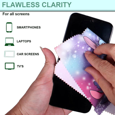 Front view of 12-pack cartoon-color microfiber cleaning cloths for smartphones and screens, 7.08 x 5.9 in.