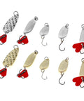 10 Piece Metal Spoons Lures Kit With Hooks Tackle Box Hard Fishing Lures Sequin Baits For Trout Panfish Bass With Rapid Diving Action And Sick Flash To Attract More Fish nine silver and gold lures with red hooks