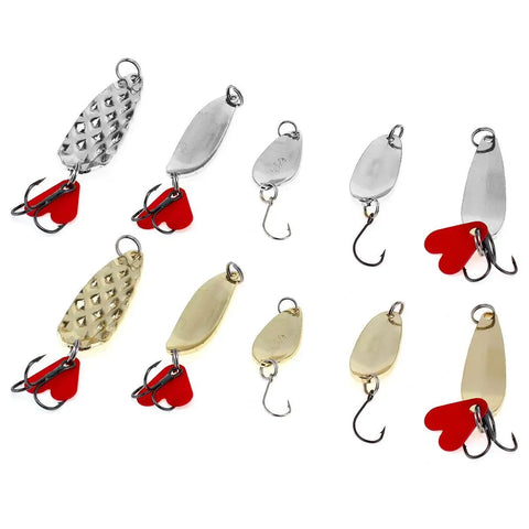 10 Piece Metal Spoons Lures Kit With Hooks Tackle Box Hard Fishing Lures Sequin Baits For Trout Panfish Bass With Rapid Diving Action And Sick Flash To Attract More Fish nine silver and gold lures with red hooks