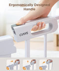 Ergonomically designed handle on adjustable 29.5 to 46 inch wide baby gate for stairs and doorways, auto close feature visible
