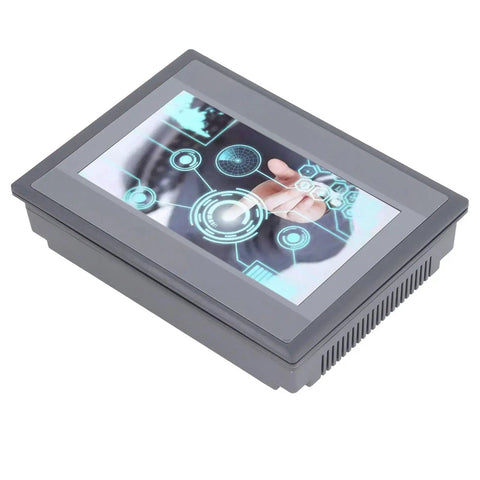 7 Inch TFT LCD Touchscreen Display for PLC Control, 24V DC Powered With 8 Relay Outputs, 800x480 Display, FX3U 20 40 48 MRT Compatible, industrial panel mount monitor shown angled
