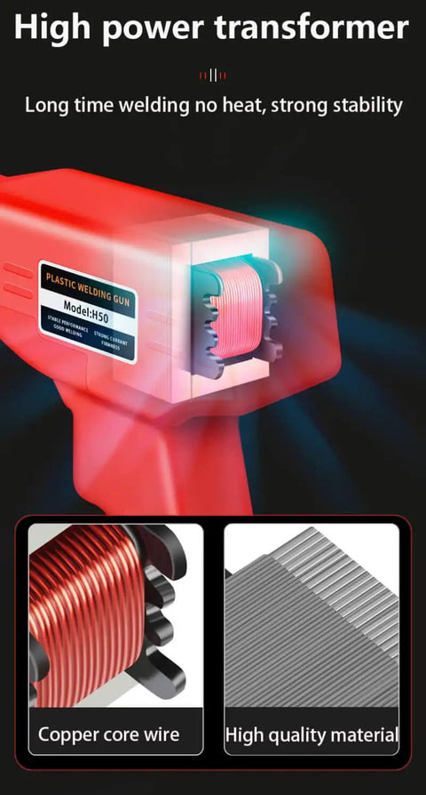 Close-up of 200W Plastic Welder Kit showing high power transformer, copper core wire, and metal staples for DIY repairs.
