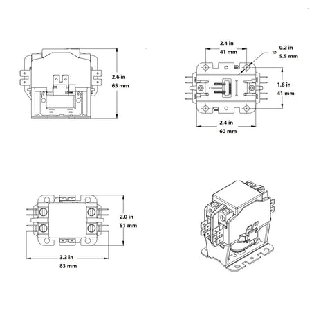 Technical diagram of Two Pole Air Conditioner Contactor Heavy Duty 40 Amp FLA 24V Coil with One Quarter Inch Quick Connect Terminals