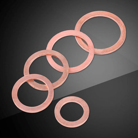 Top Tier Copper Flat Washer Assortment Set With M5 And M22 Sizes Perfect For Grounding Heat Conduction And Bolt Jobs On Machinery Frames Or Plumbing Projects Keeping Your Gear Cool And Connected Like Never Before. copper flat washers, M5-M22 sizes, on dark background