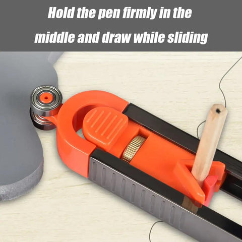 Close-up of Slick Contour Scribe Copy Gauge With Rigid Abs Body and rust proof steel pins, highlighting the pencil holder for accurate tracing.