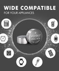 No Fuss No Muss Heavy Duty Performance Lr44 Ag13 Batteries 20 Pack Snappy 1.5 Volt Alkaline Button Cells With Double Corrosion Shield For Toys And Tech Gadgets in compatibility graphic with various tech icons.