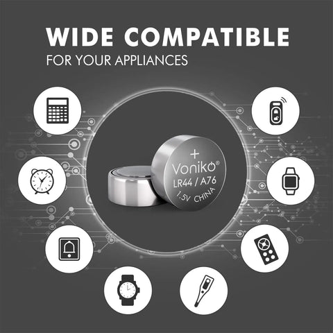 No Fuss No Muss Heavy Duty Performance Lr44 Ag13 Batteries 20 Pack Snappy 1.5 Volt Alkaline Button Cells With Double Corrosion Shield For Toys And Tech Gadgets in compatibility graphic with various tech icons.