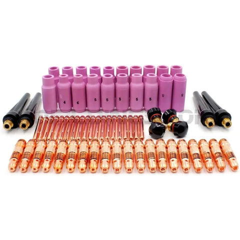68 Piece Ultimate TIG Welding Kit With Premium Collets Back Caps Nozzles And Ceramic Cups For 1/16 And 3/32 Sizes, set of nozzles and ceramic cups.