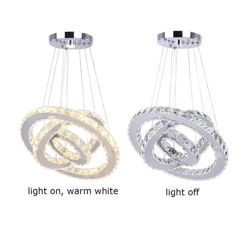 Modern 3 Ring Crystal Chandelier With Adjustable Stainless Steel Pendant Lighting LED Ceiling Fixture, light on and off view
