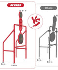 Heavy Duty Metal Shooting Targets With Double Blast Spinner Three Eighths Inch Steel Target comparison image showing red and gray stands for Rifle Pistol and 9mm Practice Bangin Steel Targets For Beginners And Pros Perfect For Backyard And Range Sessions.