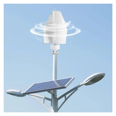 Portable Vertical Axis Wind Turbine Generator 12V 24V, 100W Max Power IP67 mounted on a pole with solar panels visible