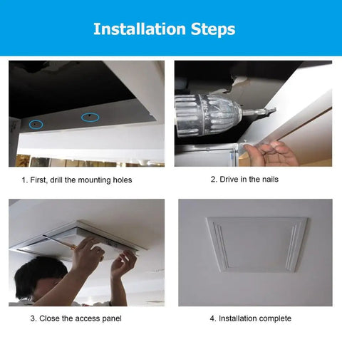 Installation steps for Rock Solid Flush Mount Access Panel For Drywall With Heavy Duty Aluminum Frame and Sleek Galvanized Steel Cover.