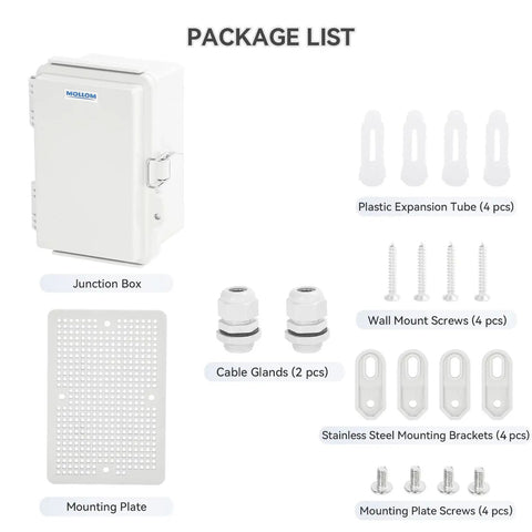 Tough As Nails Weather Resistant Gray Enclosure For Din Rail And Relay Mounting With Smooth Abs Shell, package list including junction box and mounting parts.