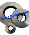 Stainless steel neoprene-bonded sealing washers in three assorted sizes (front view)